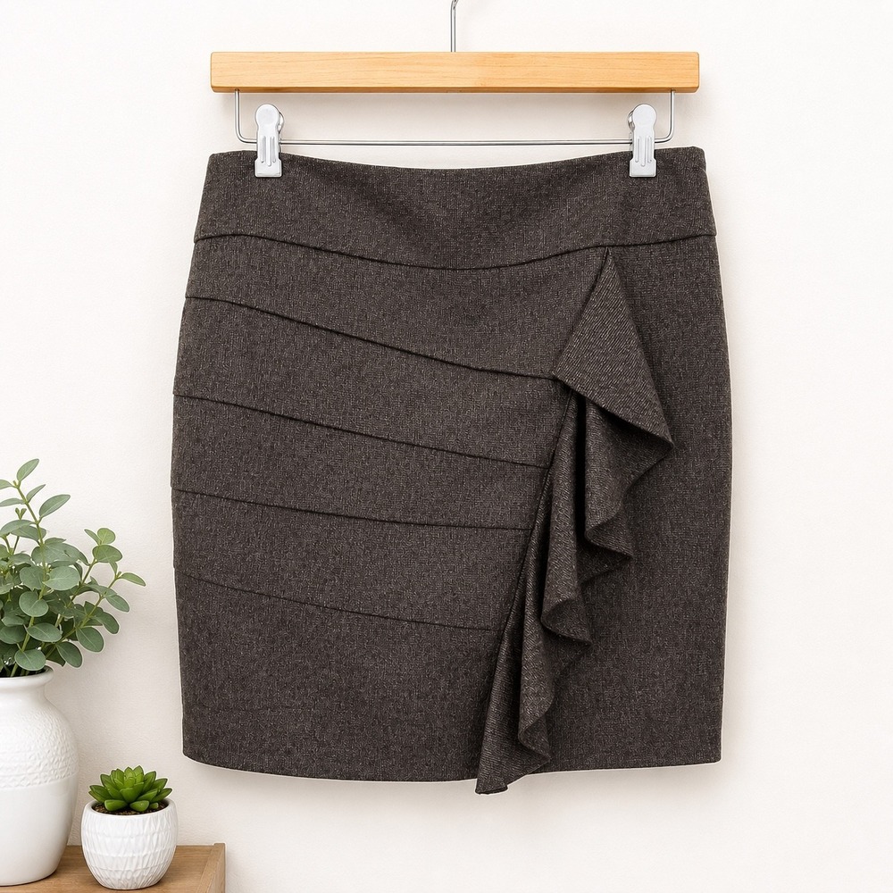 Brown Ruffle Fall Autumn Mini Skirt Asymmetrical Office Wear Tracy Evans 14